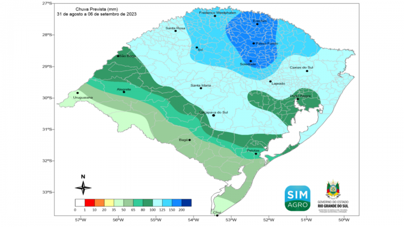 Chuva prevista (mm) de 31 de agosto a 6 de setembro de 2023