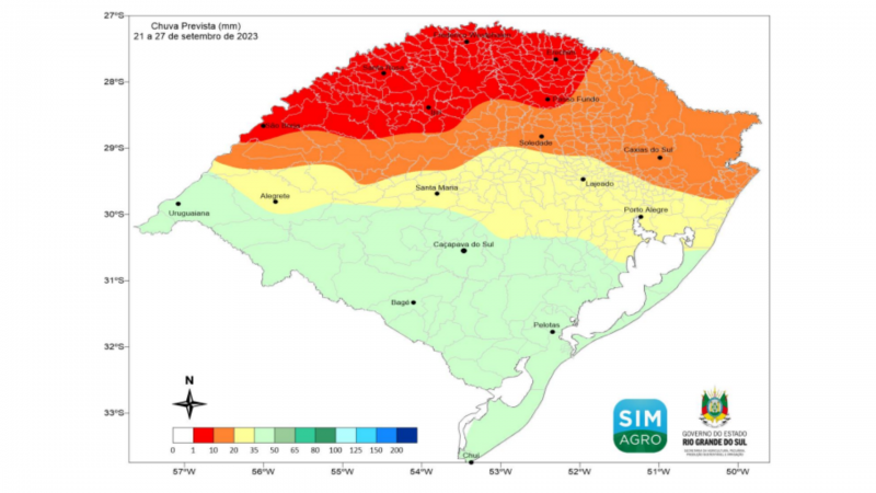 Chuva prevista (mm) de 21 a 27 de setembro de 2023