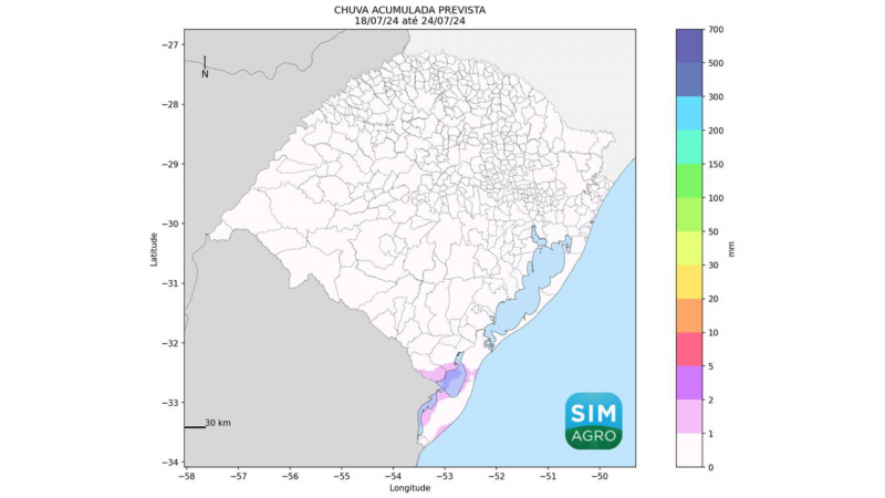 Chuva prevista (mm) de 18 a 24 de julho de 2024